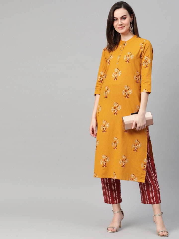 Mustard Yellow & Maroon Printed Kurta Set-Yufta Store-7415SETMSS