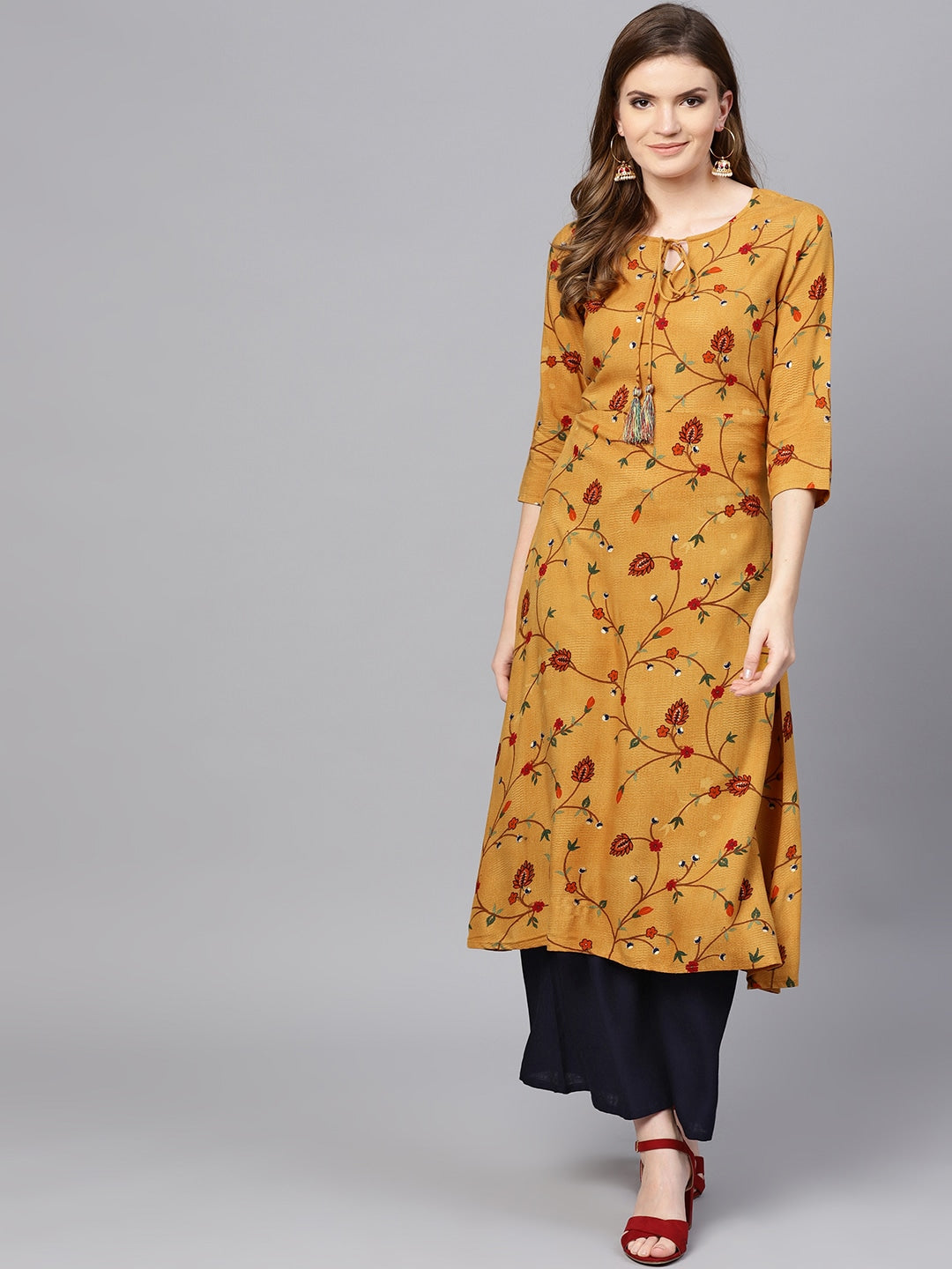 Mustard Yellow & Navy Blue Printed Kurta Set-Yufta Store-YUFNSET1961S