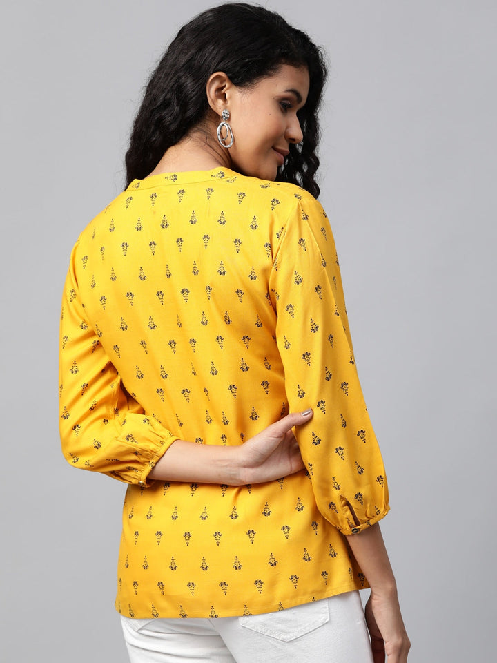 Mustard Yellow & Navy Blue Printed Tunic-Yufta Store-7551TOPMSXS