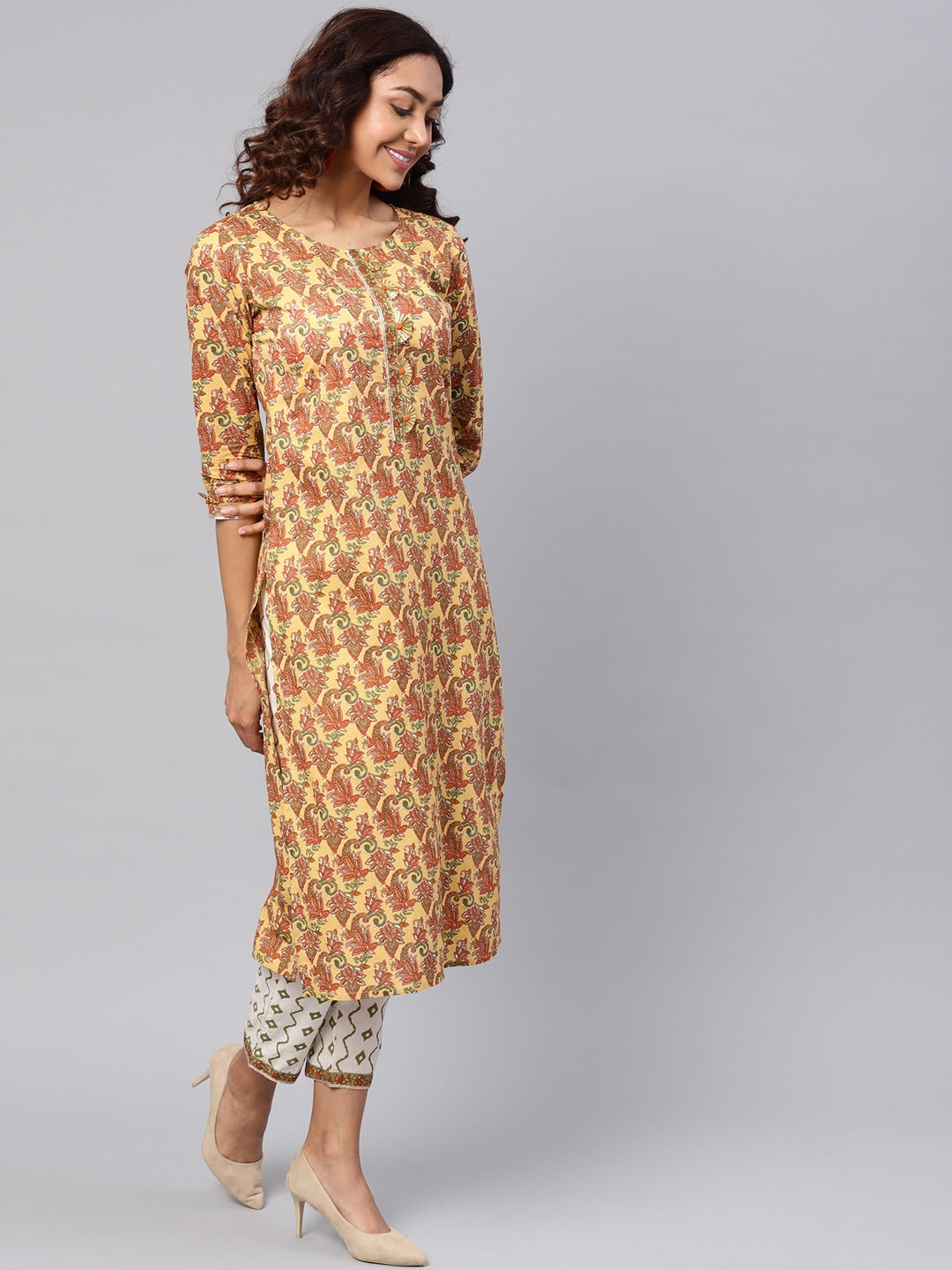 Mustard Yellow & Off-White Printed Dupatta Set-Yufta Store-YUFPJSET793S