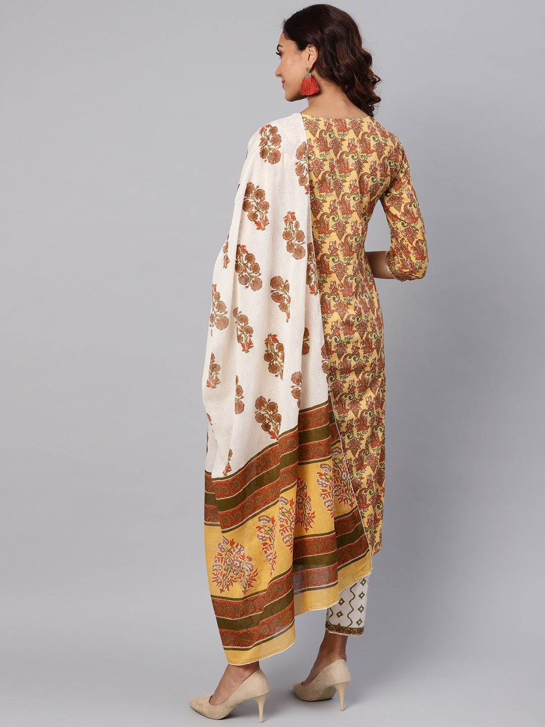 Mustard Yellow & Off-White Printed Dupatta Set-Yufta Store-YUFPJSET793S