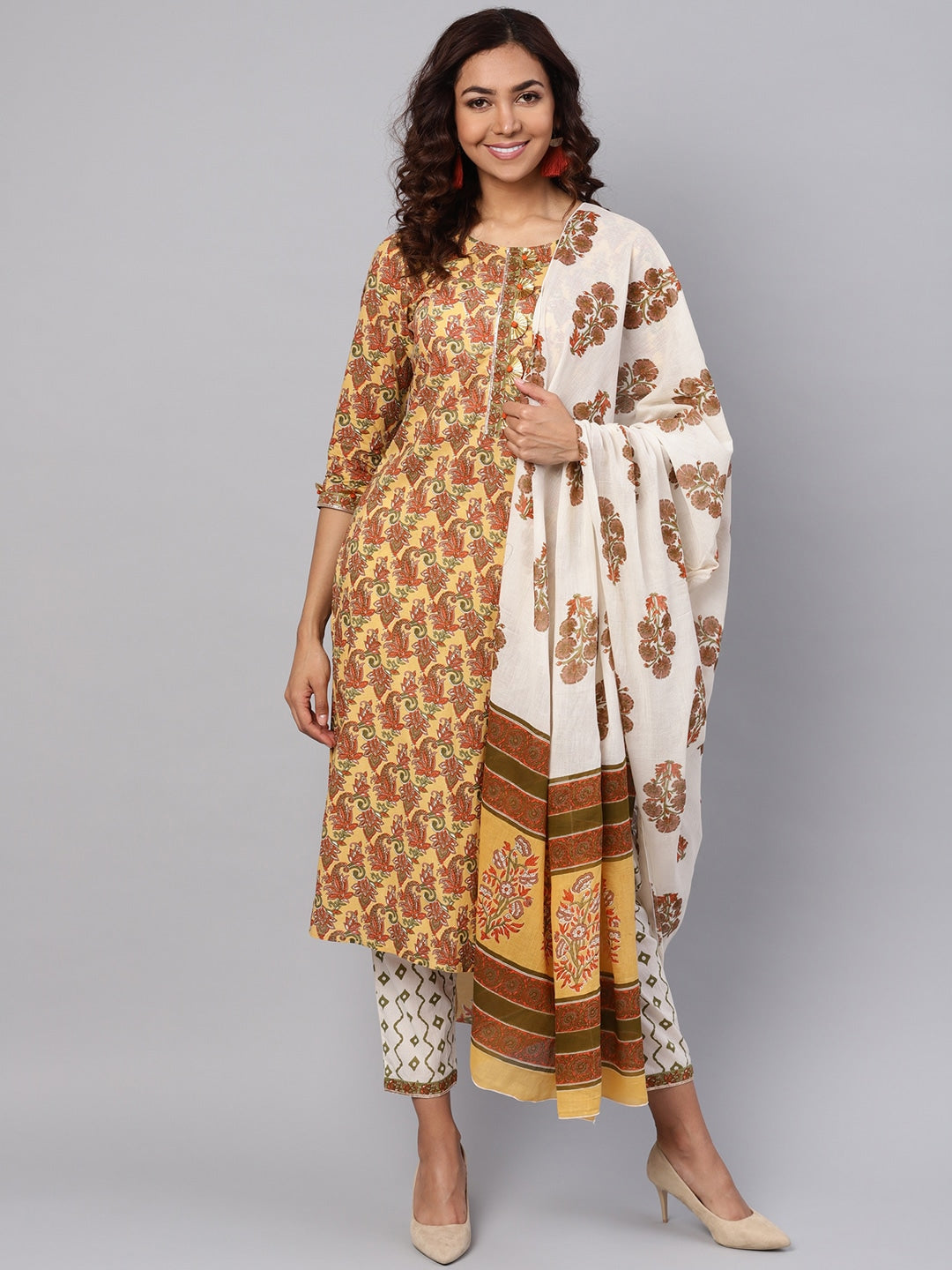 Mustard Yellow & Off-White Printed Dupatta Set-Yufta Store-YUFPJSET793S