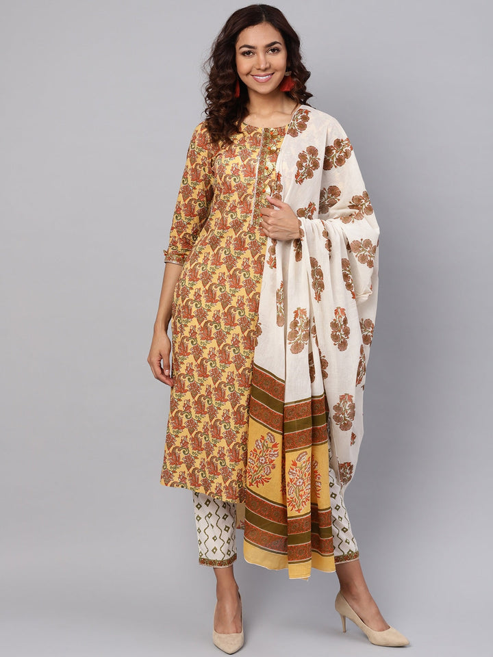 Mustard Yellow & Off-White Printed Dupatta Set-Yufta Store-YUFPJSET793S