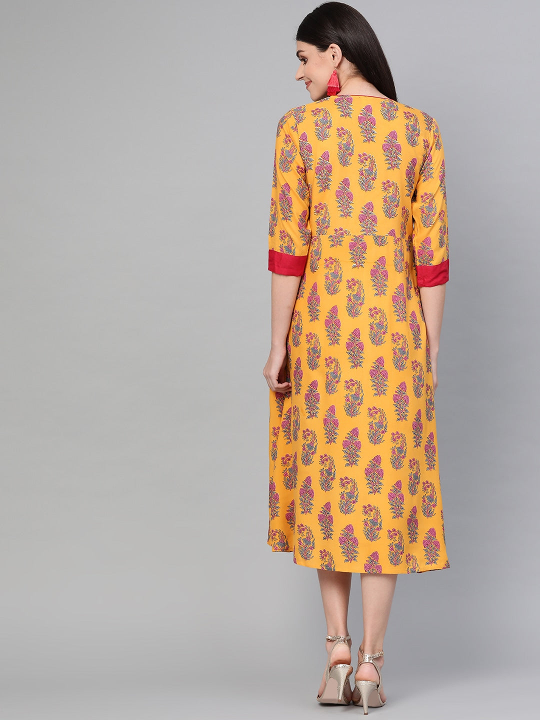 Mustard Yellow & Pink A-Line Kurta-Yufta Store-1538DRSMSS