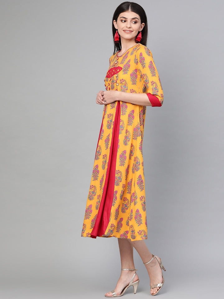 Mustard Yellow & Pink A-Line Kurta-Yufta Store-1538DRSMSS