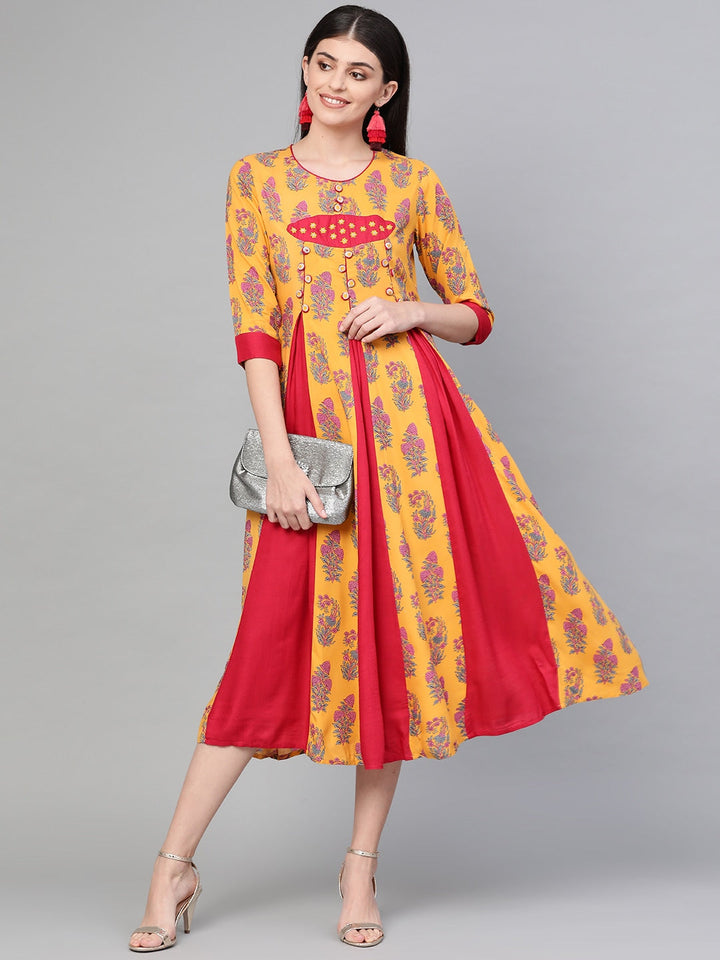 Mustard Yellow & Pink A-Line Kurta-Yufta Store-1538DRSMSS