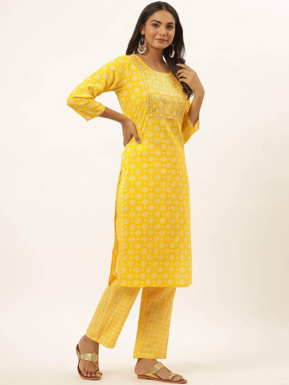 Mustard Yellow Printed Kurta Set-Yufta Store-6505SETMSS