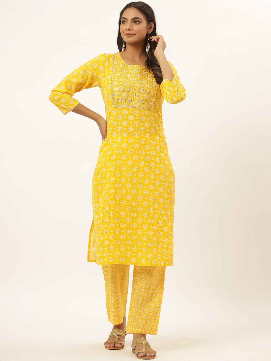 Mustard Yellow Printed Kurta Set-Yufta Store-6505SETMSS