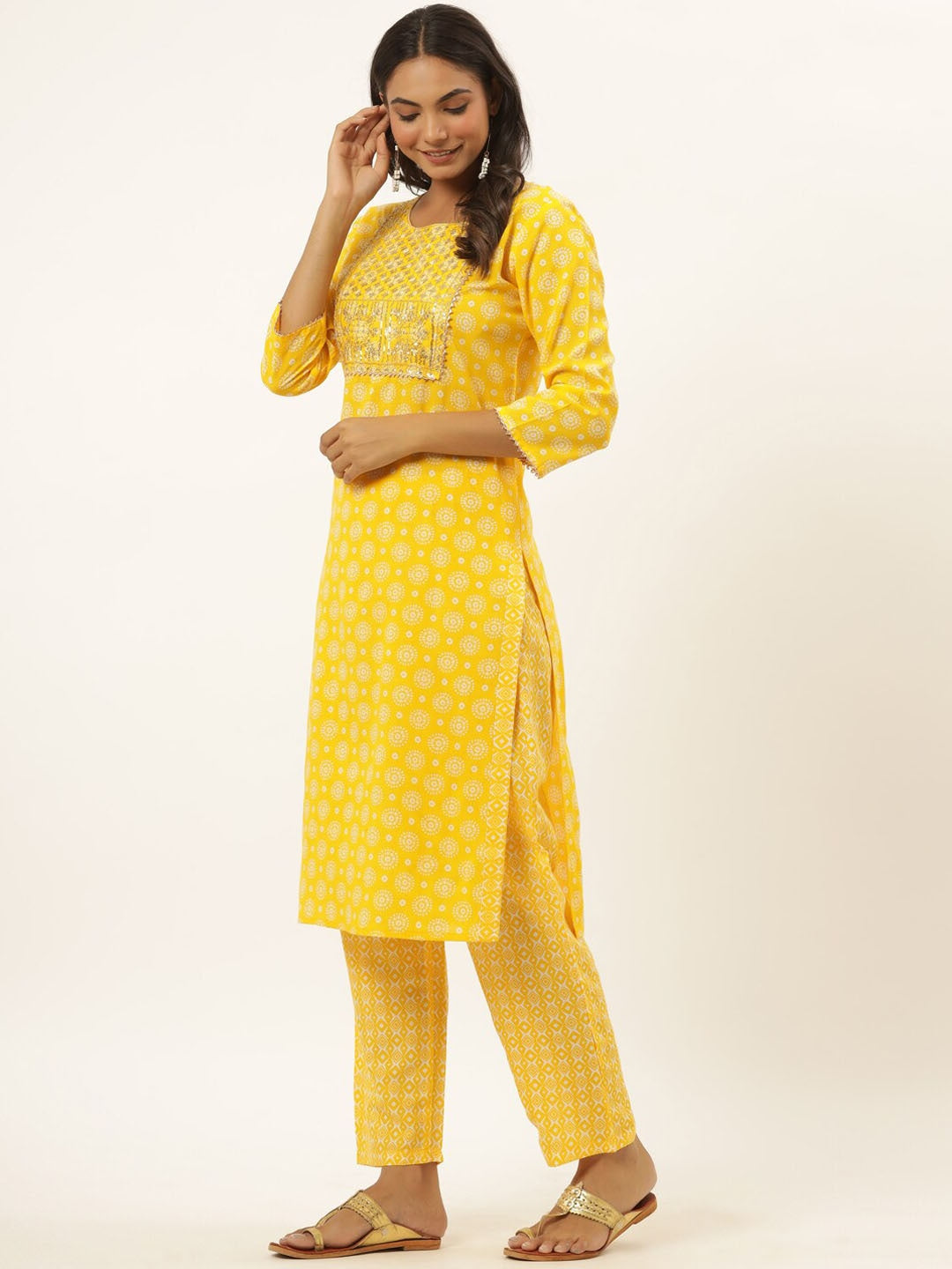 Mustard Yellow Printed Kurta Set-Yufta Store-6505SETMSS