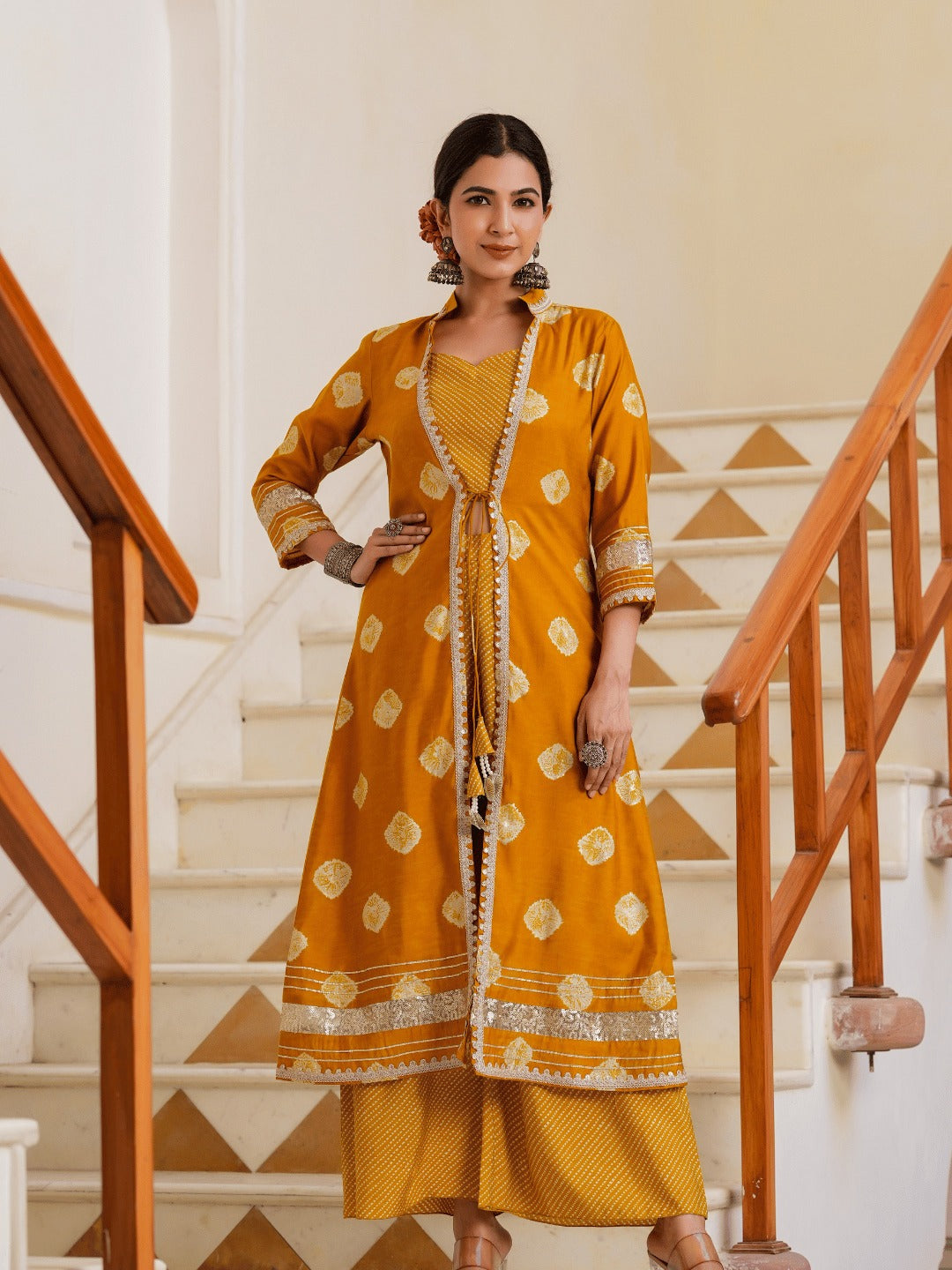 Mustard Yellow Printed Top & Palazzo With Shrug Co-Ords-Yufta Store-1498CRDMSS