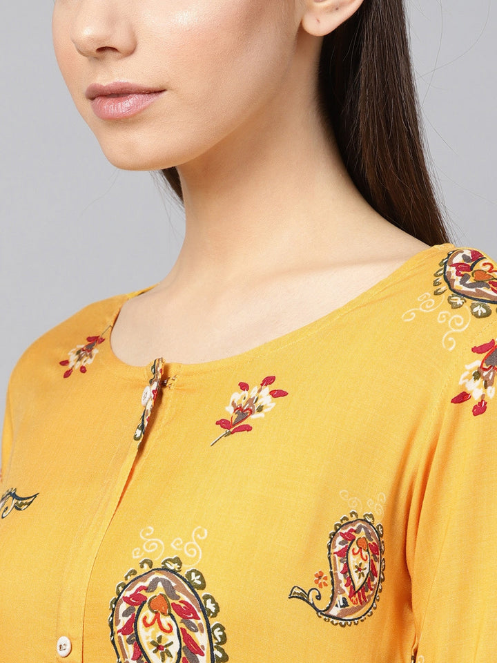 Mustard Yellow & Red Printed Kurta-Yufta Store-679KURYLS