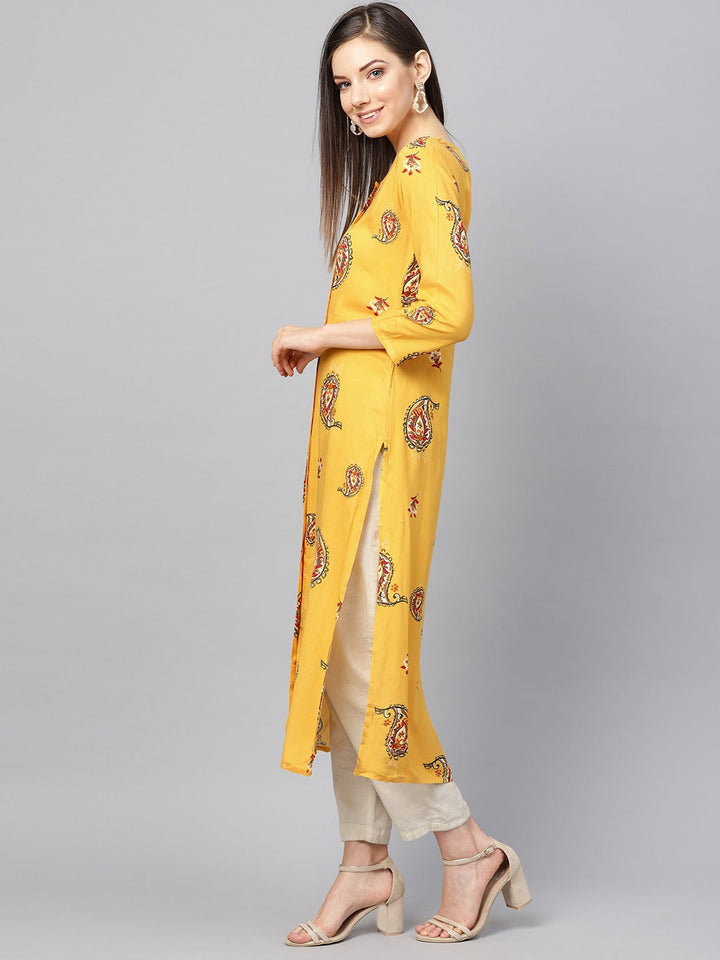 Mustard Yellow & Red Printed Kurta-Yufta Store-679KURYLS