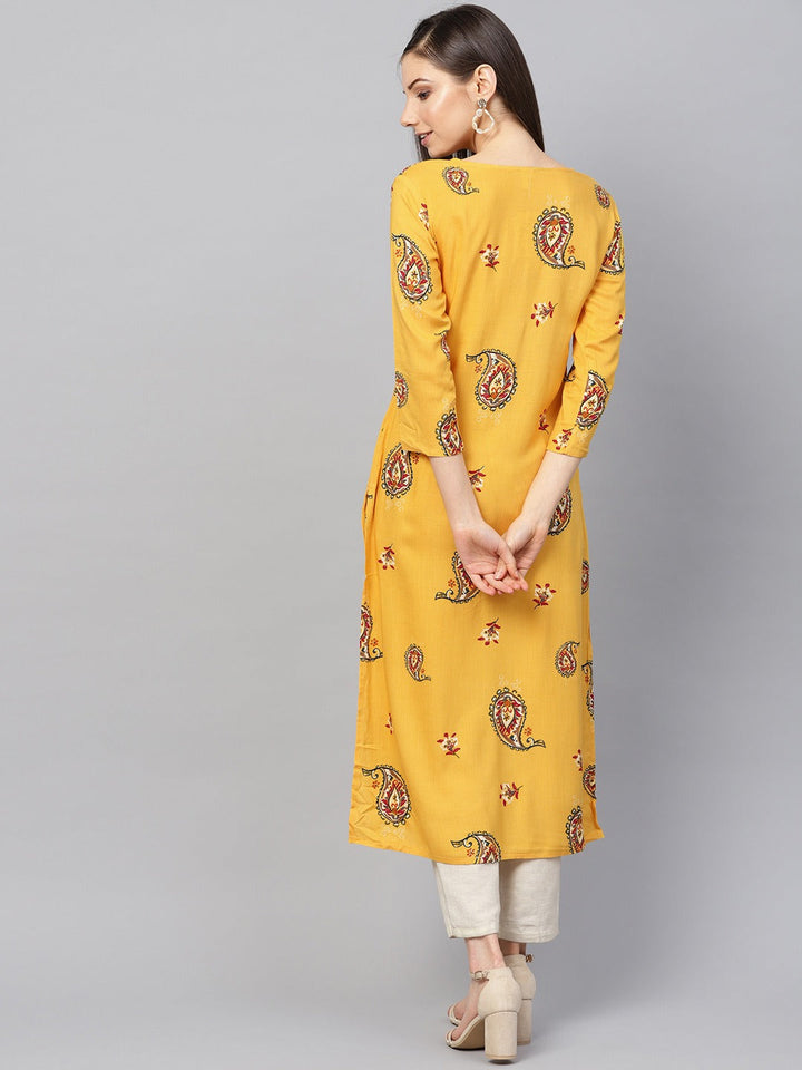 Mustard Yellow & Red Printed Kurta-Yufta Store-679KURYLS