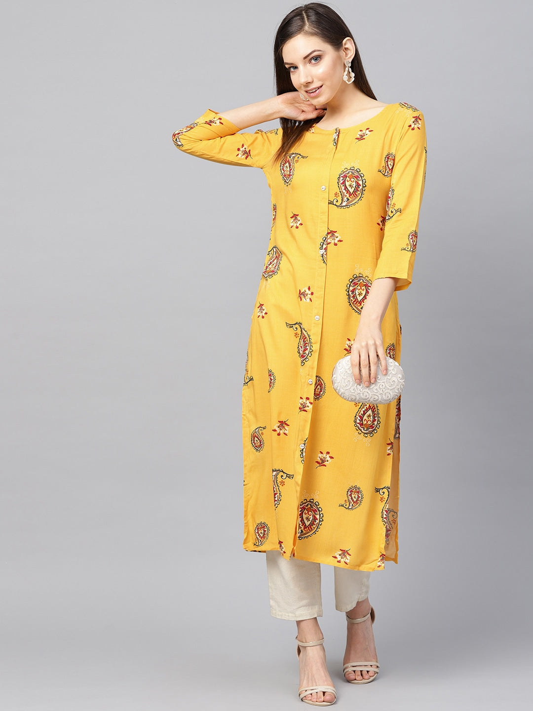 Mustard Yellow & Red Printed Kurta-Yufta Store-679KURYLS