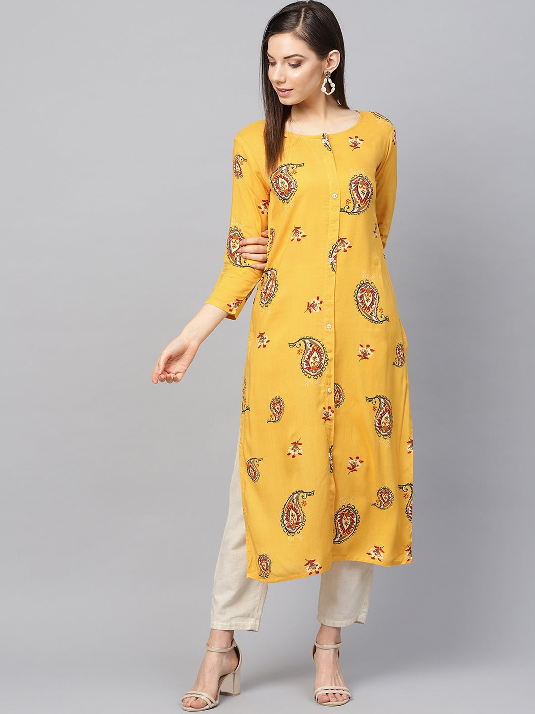 Mustard Yellow & Red Printed Kurta-Yufta Store-679KURYLS