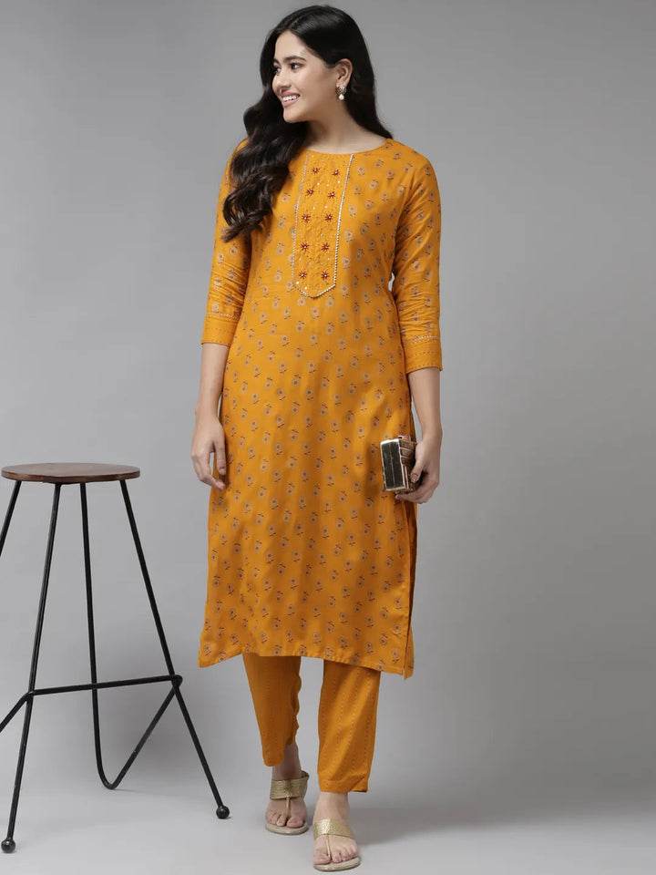 Mustard Yoke Design Kurta Set-Yufta Store-6211SETMSS