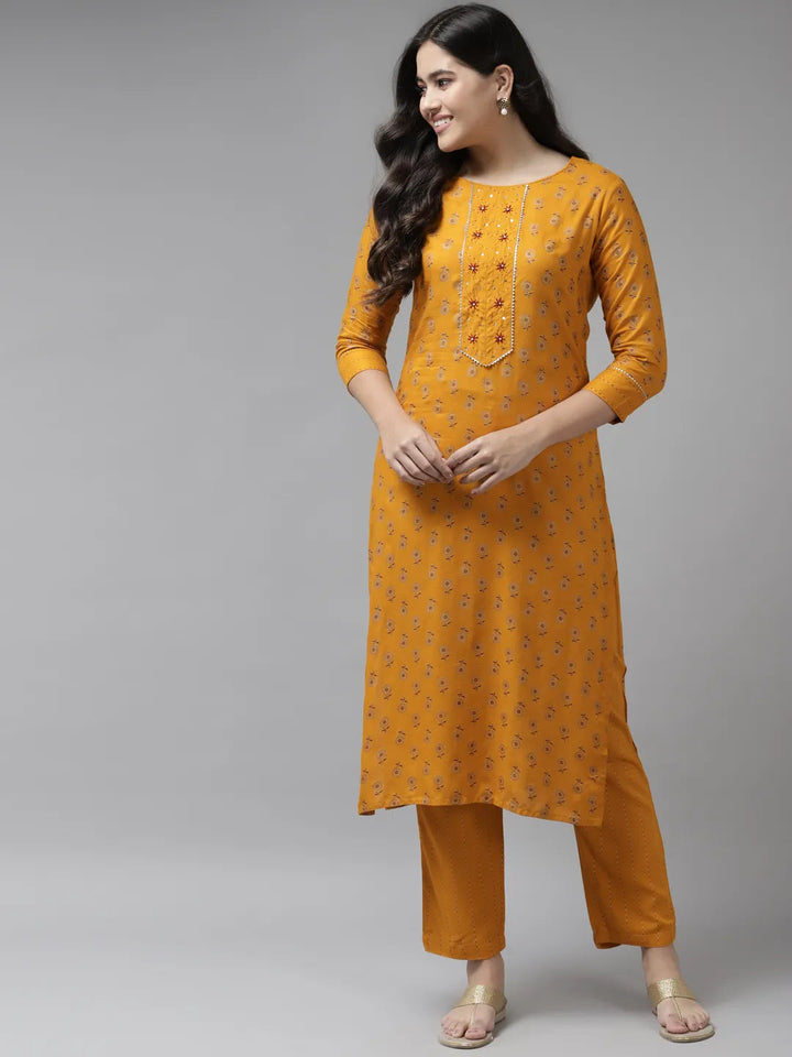 Mustard Yoke Design Kurta Set-Yufta Store-6211SETMSS