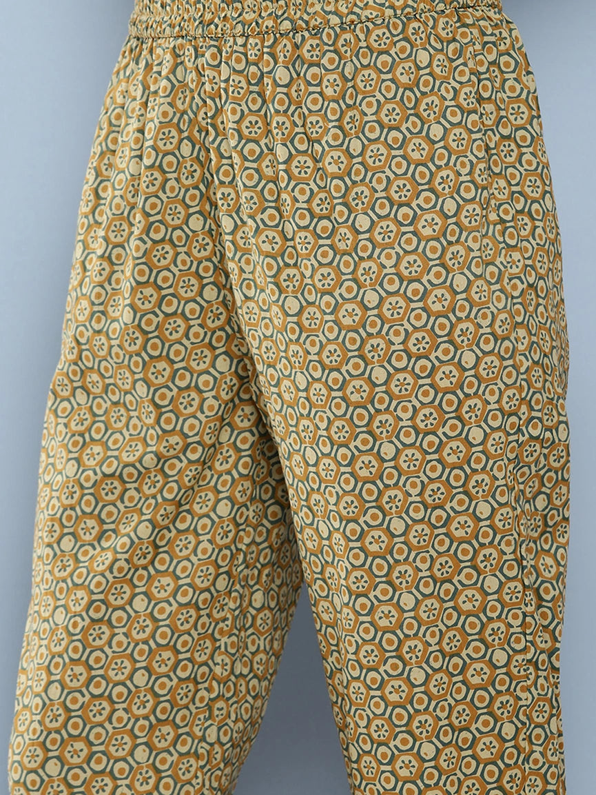 Mustard brown & cream printed Kurta with Trousers with dupatta Set-Yufta Store-1367SKDBRS