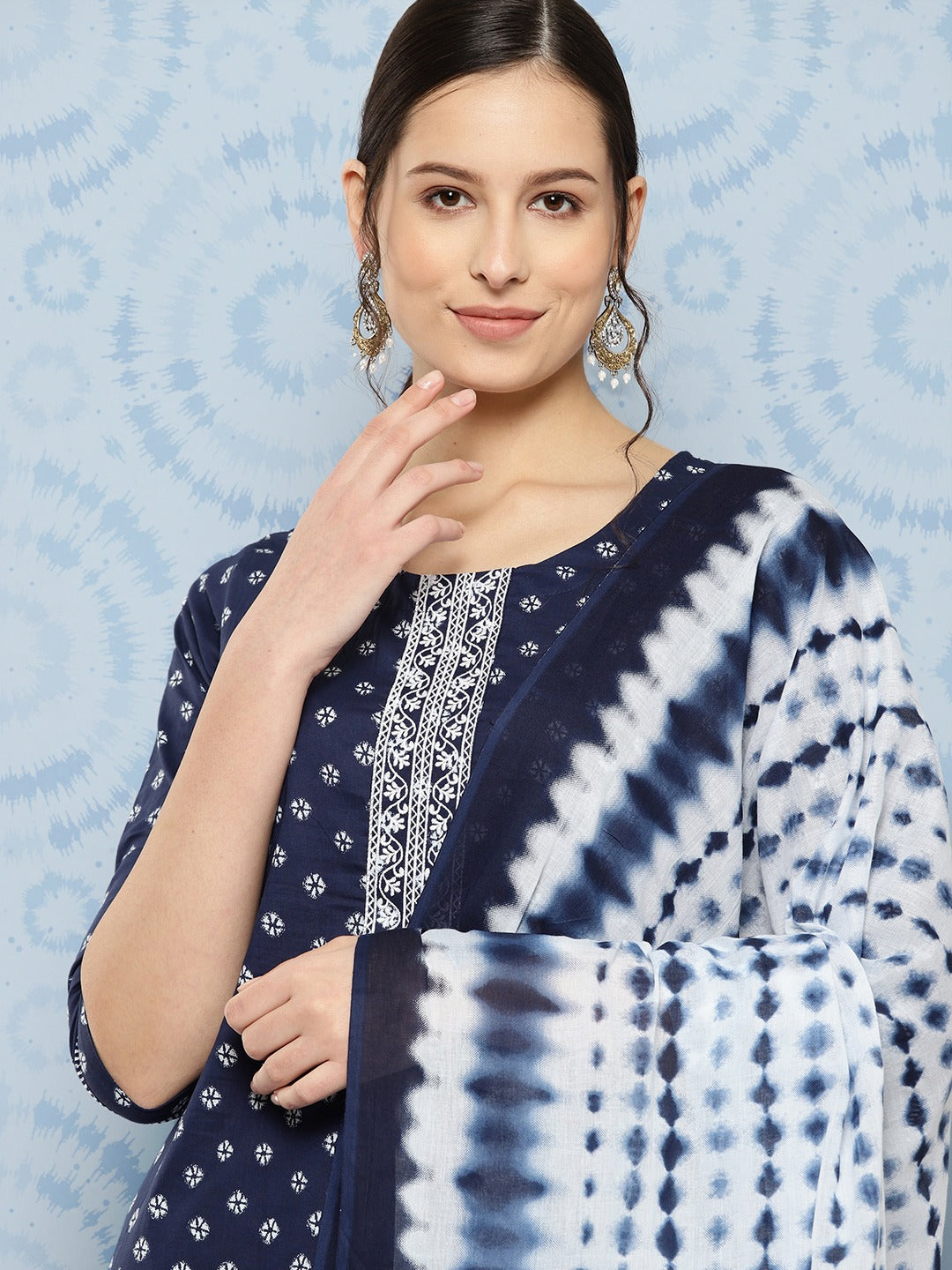 Navy Blue And White Embroidered Pure Cotton Kurta with Trousers & Dupatta-Yufta Store-1308SKDNBS
