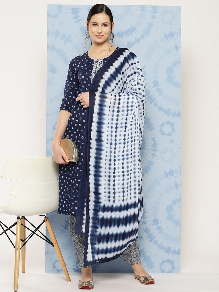 Navy Blue And White Embroidered Pure Cotton Kurta with Trousers & Dupatta-Yufta Store-1308SKDNBS