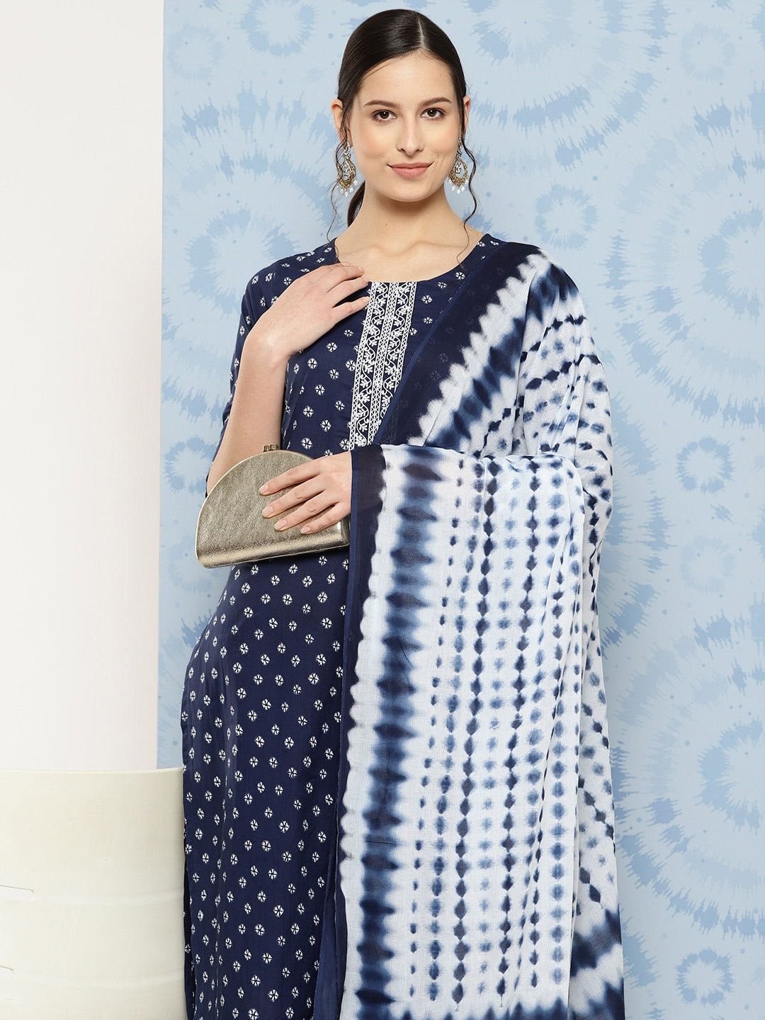 Navy Blue And White Embroidered Pure Cotton Kurta with Trousers & Dupatta-Yufta Store-1308SKDNBS