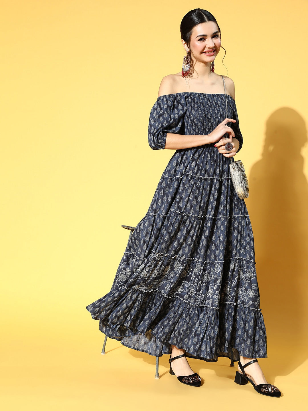 Navy Blue & Beige Printed Dress-Yufta Store-9525DRSNBS