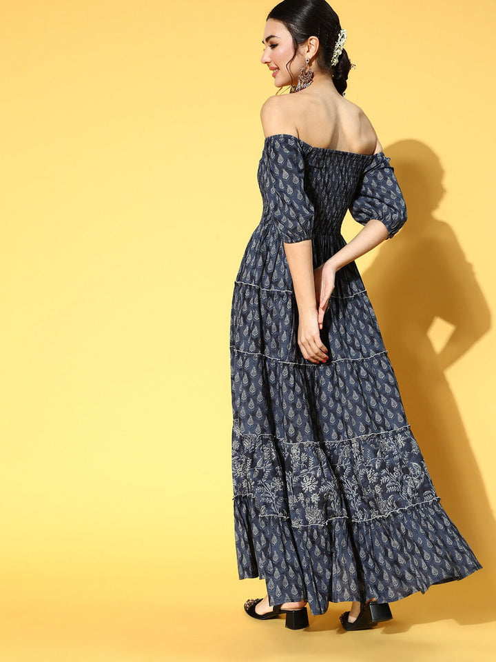 Navy Blue & Beige Printed Dress-Yufta Store-9525DRSNBS