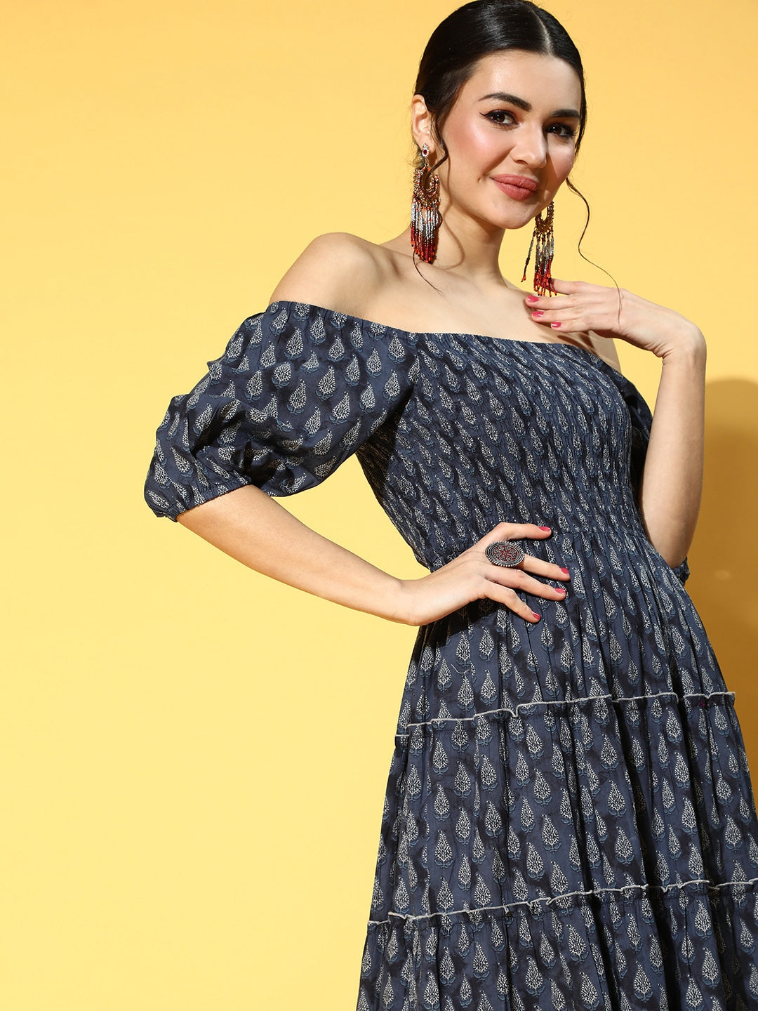 Navy Blue & Beige Printed Dress-Yufta Store-9525DRSNBS