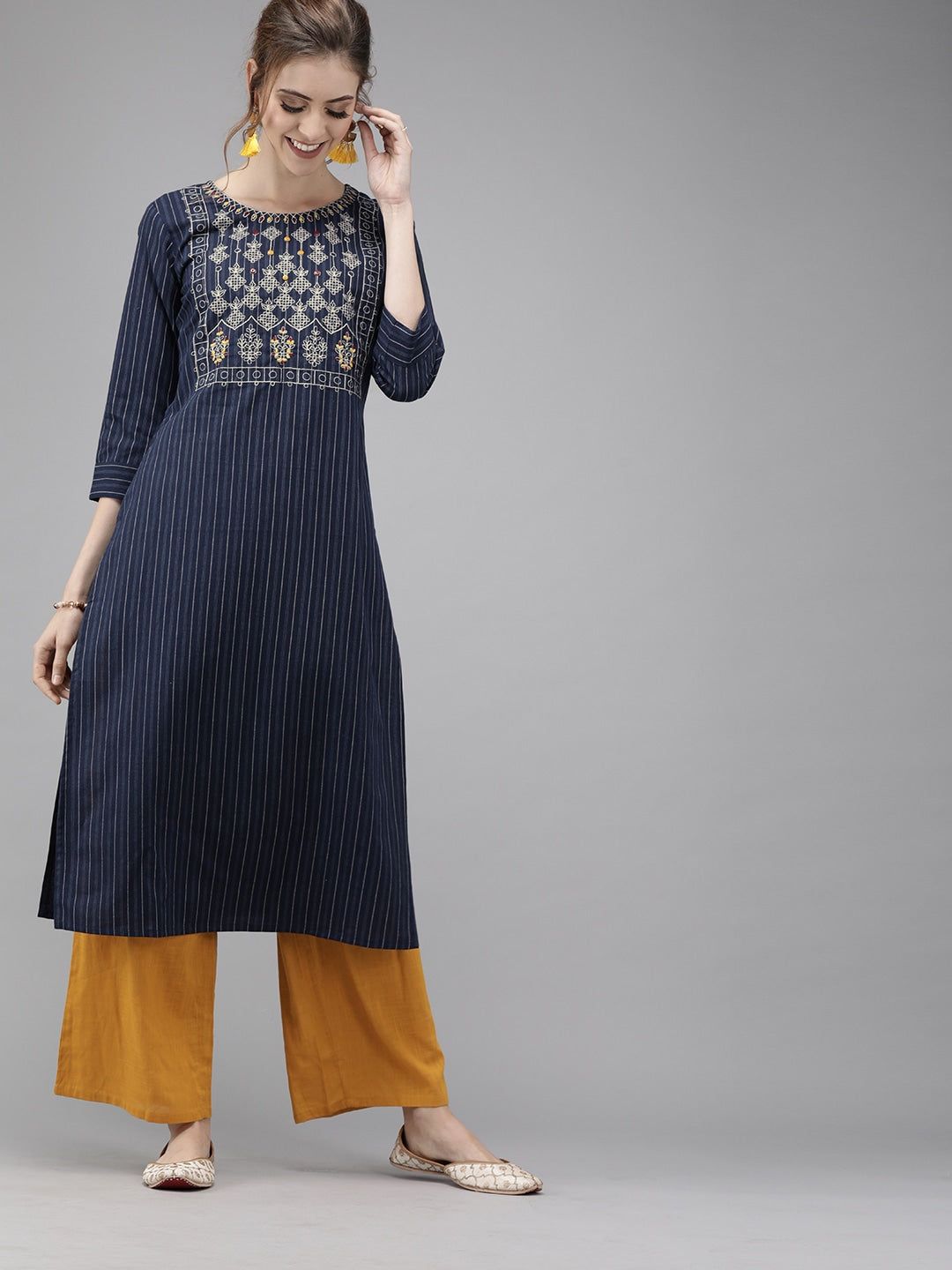 Navy Blue & Beige Printed Kurta-Yufta Store-7339KURNBM