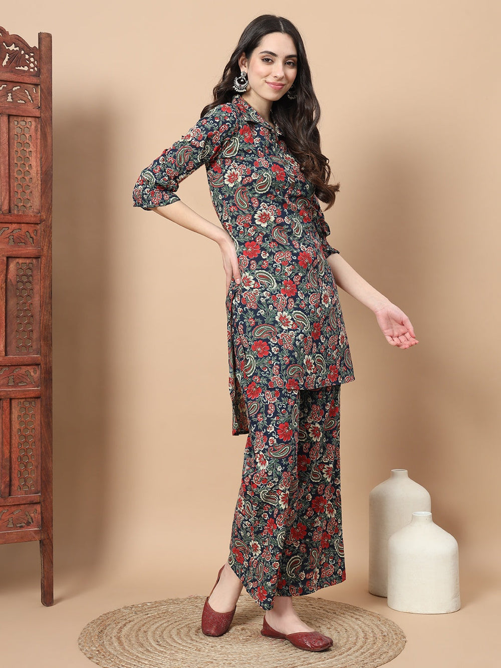 Navy Blue Cotton Paisley Printed Co-Ord Set-Yufta Store-1642CRDNBS