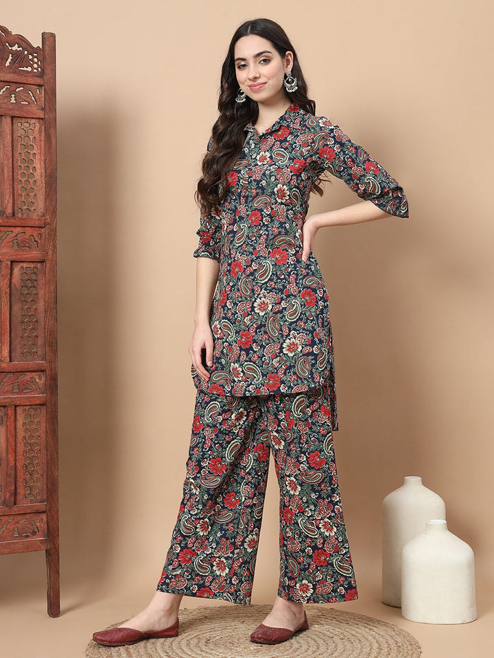 Navy Blue Cotton Paisley Printed Co-Ord Set-Yufta Store-1642CRDNBS