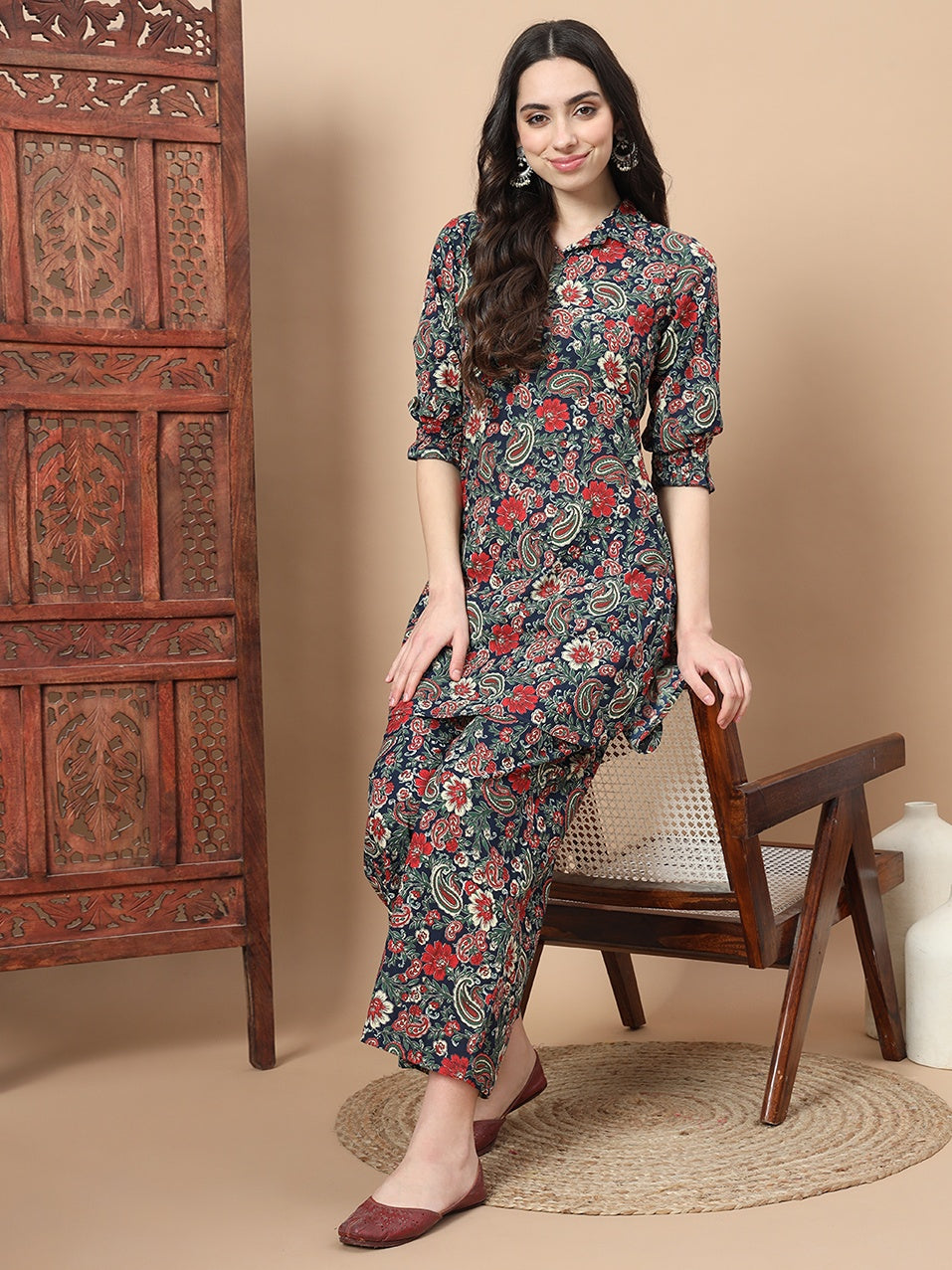 Navy Blue Cotton Paisley Printed Co-Ord Set-Yufta Store-1642CRDNBS