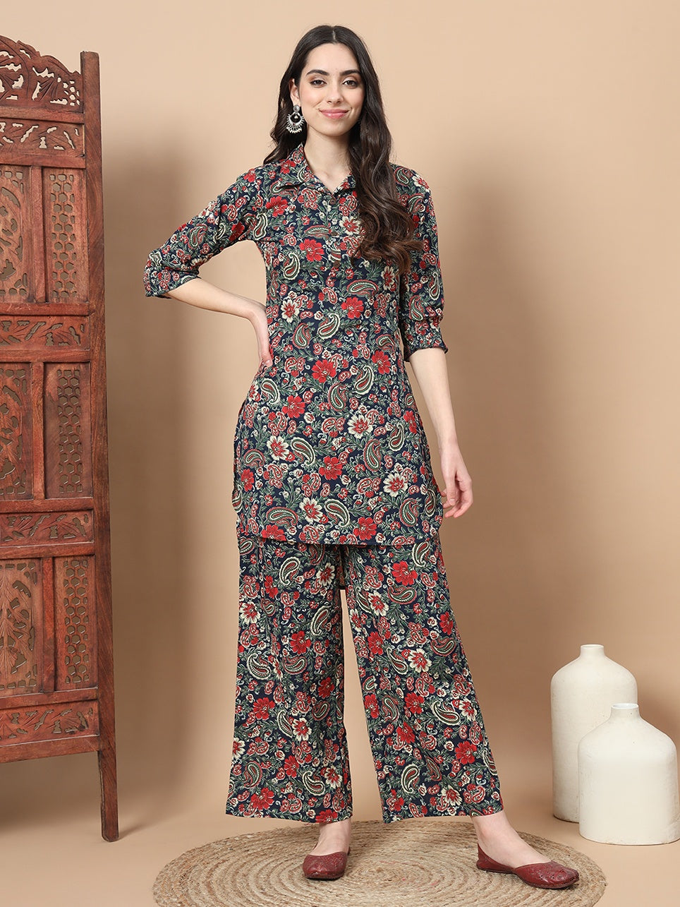 Navy Blue Cotton Paisley Printed Co-Ord Set-Yufta Store-1642CRDNBS