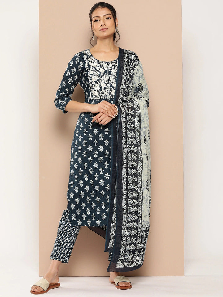 Navy Blue Embroidered Cotton Kurta Dupatta Set-Yufta Store-1180SKDNBM