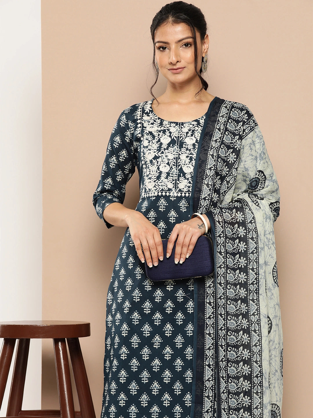 Navy Blue Embroidered Cotton Kurta Dupatta Set-Yufta Store-1180SKDNBM