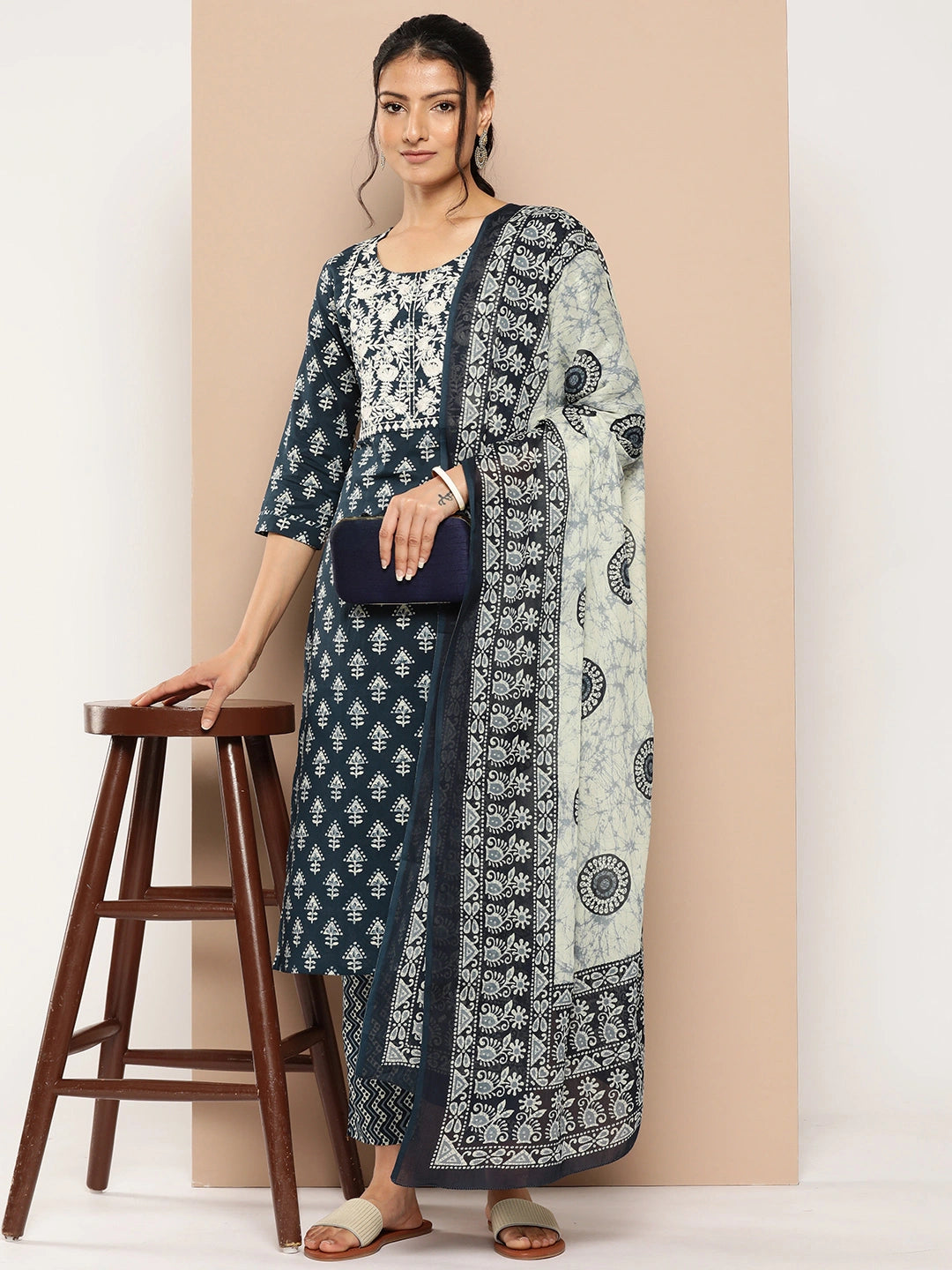 Navy Blue Embroidered Cotton Kurta Dupatta Set-Yufta Store-1180SKDNBM