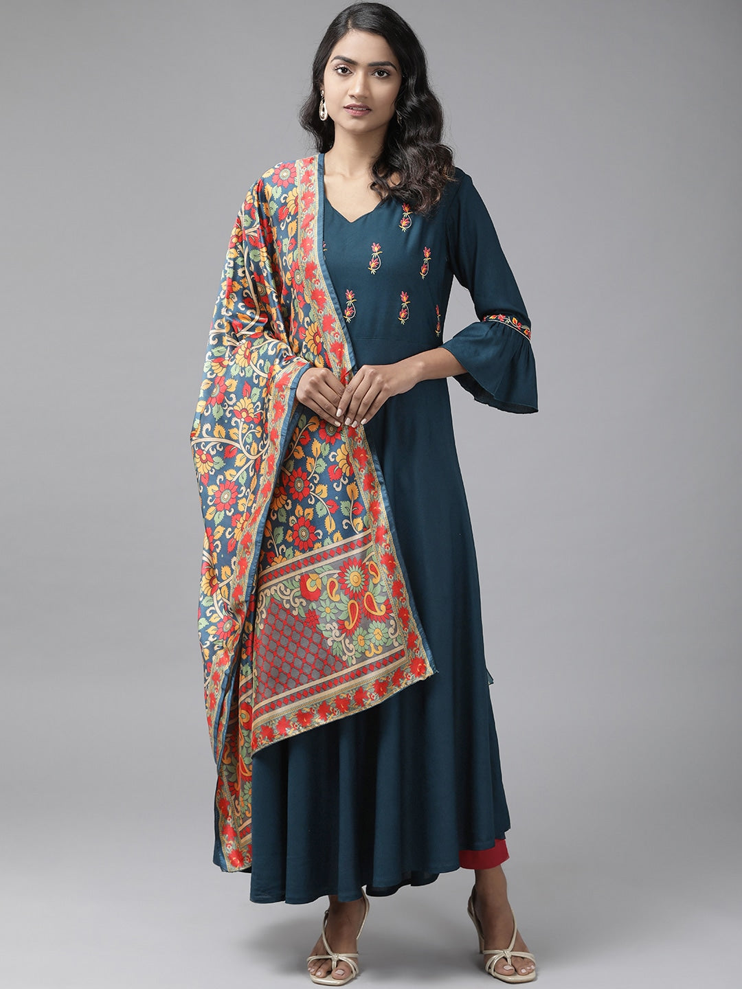 Navy Blue Embroidered Dress with Dupatta-Yufta Store-9430DRSBLS