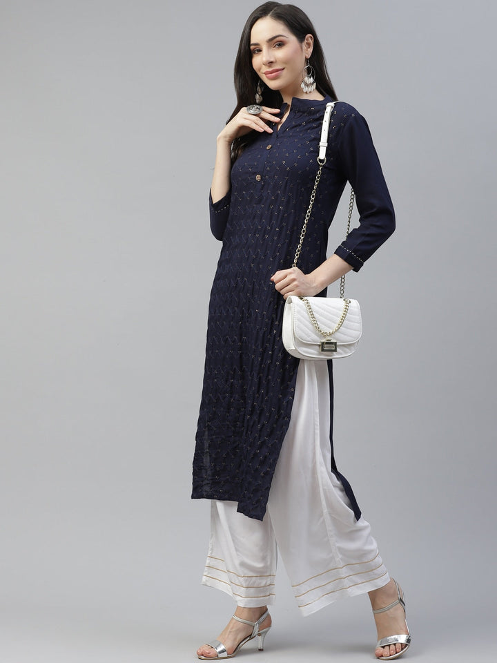 Navy Blue Embroidered Kurta Set-Yufta Store-5139SETNBS