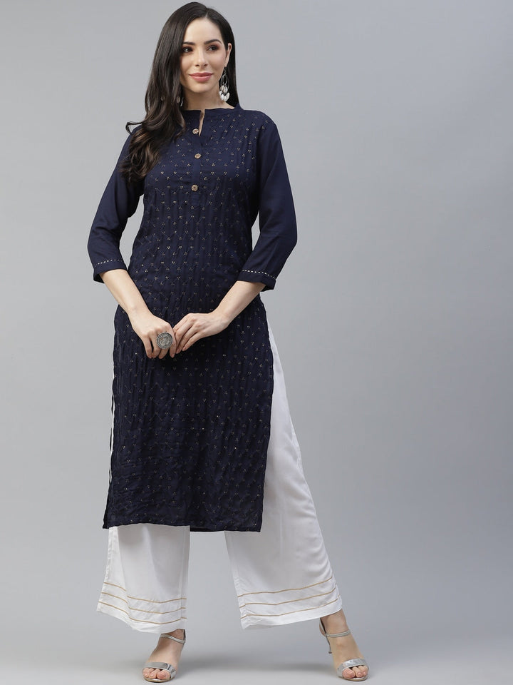 Navy Blue Embroidered Kurta Set-Yufta Store-5139SETNBS