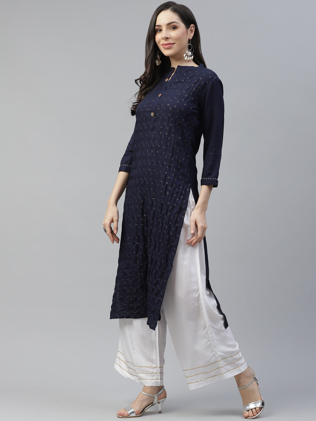 Navy Blue Embroidered Kurta Set-Yufta Store-5139SETNBS