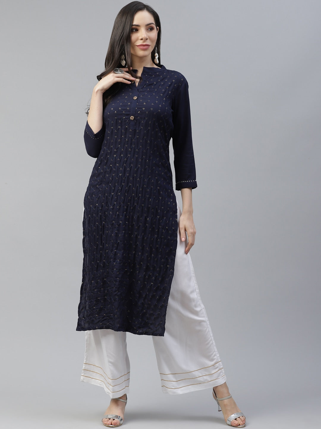 Navy Blue Embroidered Kurta Set-Yufta Store-5139SETNBS