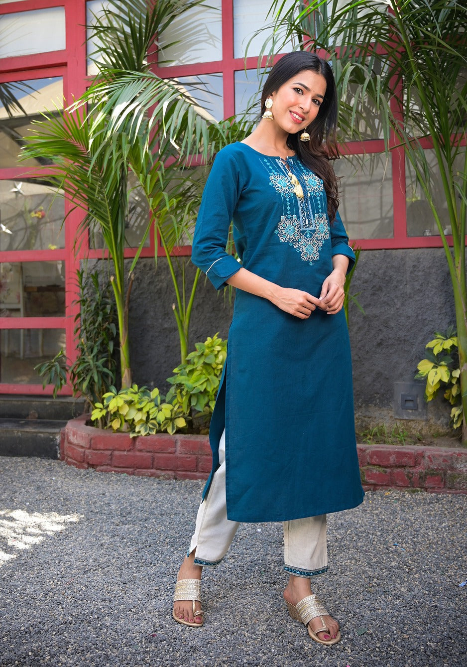 Navy Blue Embroidered Kurta Set-Yufta Store-7718SETNBS