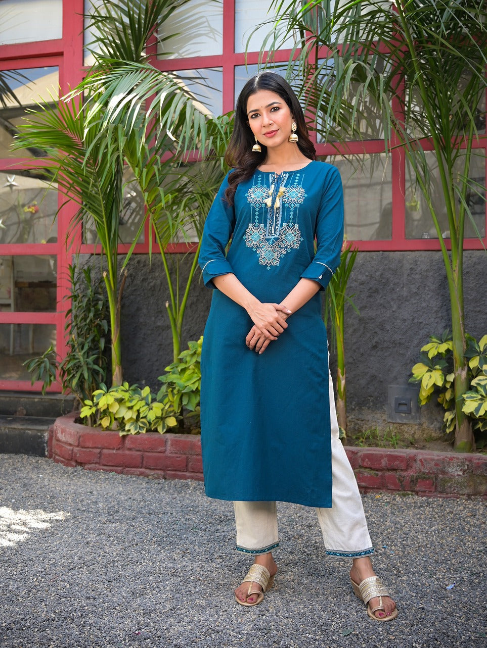 Navy Blue Embroidered Kurta Set-Yufta Store-7718SETNBS