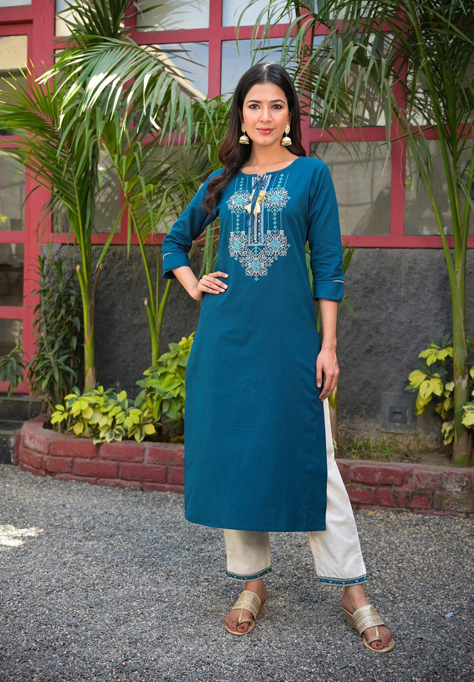 Navy Blue Embroidered Kurta Set-Yufta Store-7718SETNBS