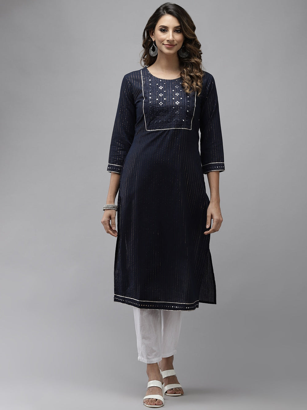 Navy Blue Embroidered Kurta-Yufta Store-2031KURNBS