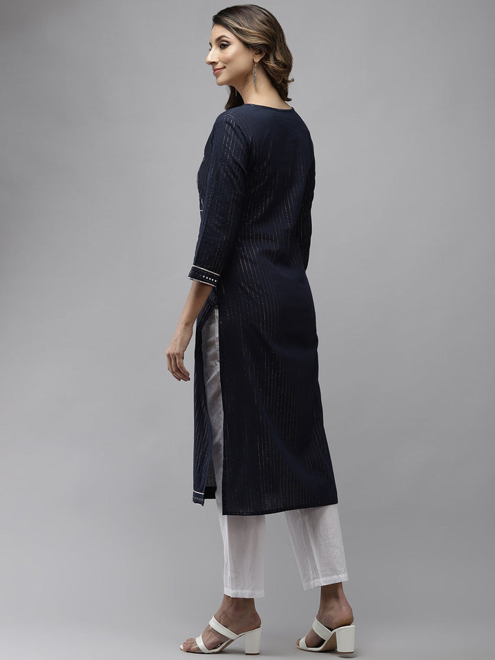 Navy Blue Embroidered Kurta-Yufta Store-2031KURNBS