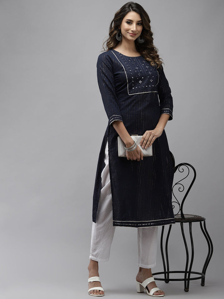 Navy Blue Embroidered Kurta-Yufta Store-2031KURNBS