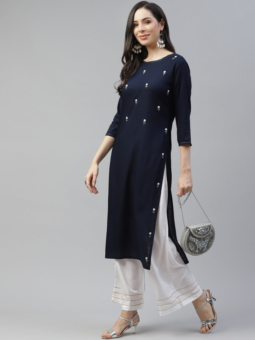 Navy Blue Embroidered Kurta-Yufta Store-5122KURNBS