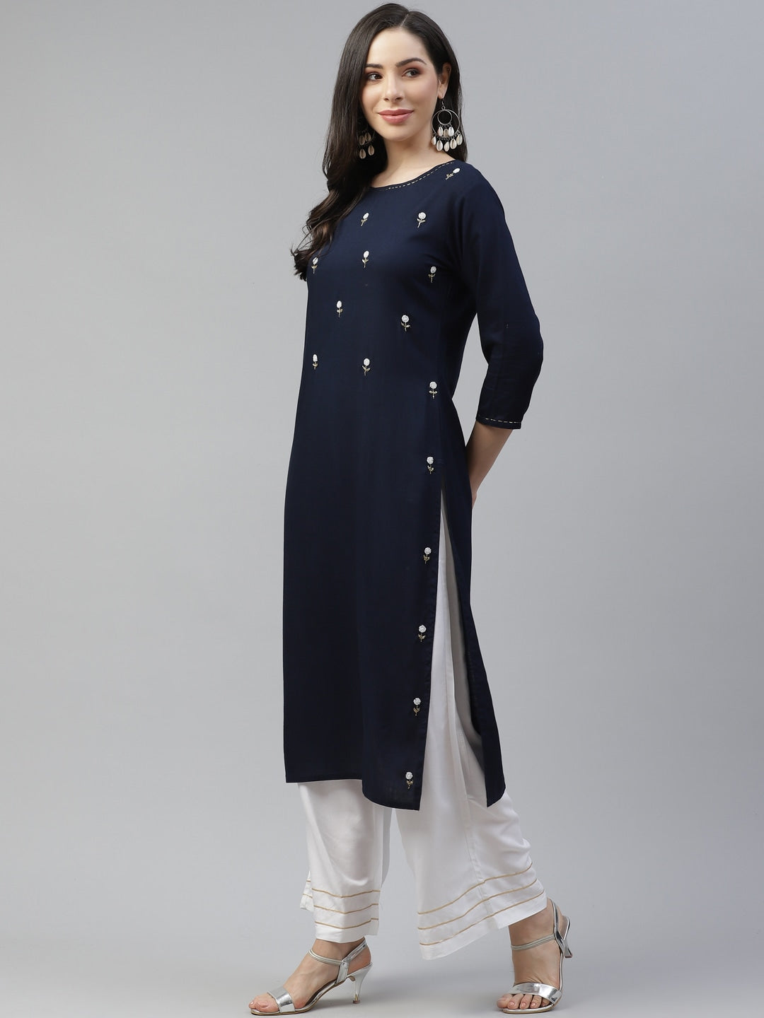 Navy Blue Embroidered Kurta-Yufta Store-5122KURNBS