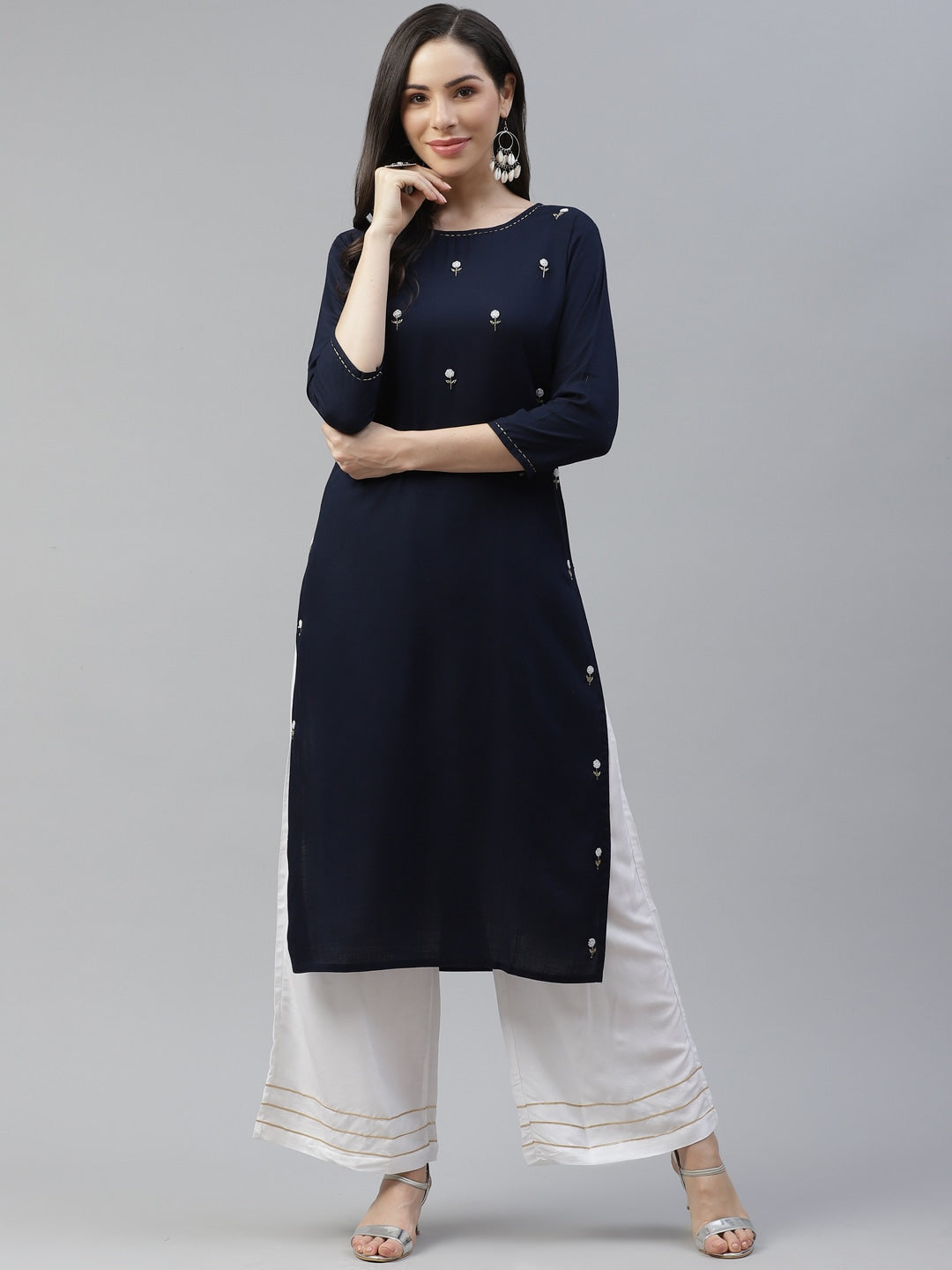 Navy Blue Embroidered Kurta-Yufta Store-5122KURNBS